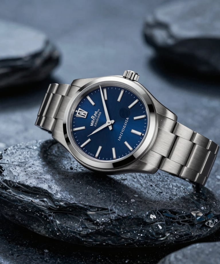 Studio photography of a high-end metallic watch resting on a smooth stone, clean lighting, ice blue and dark navy tones, sophisticated, North American / US.