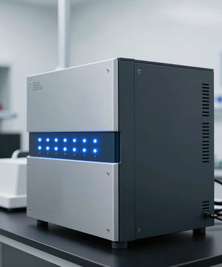 Photography of a high-tech lab setting in North America, clean white walls, focused on a sleek piece of equipment with glowing blue LED indicators.