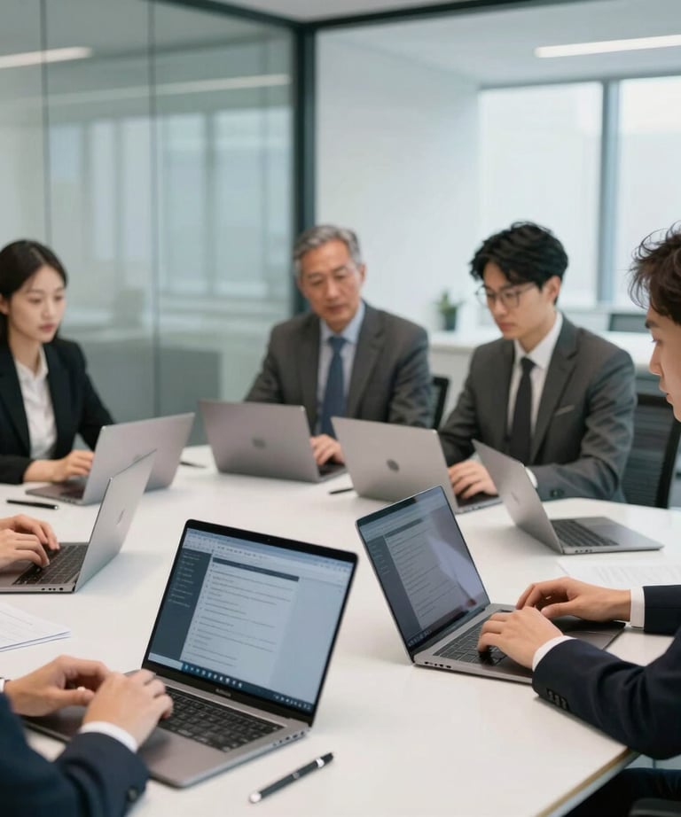 Candid photo of a tech meeting in a bright North American glass-walled conference room, sleek laptops on a white table, modern professional attire.