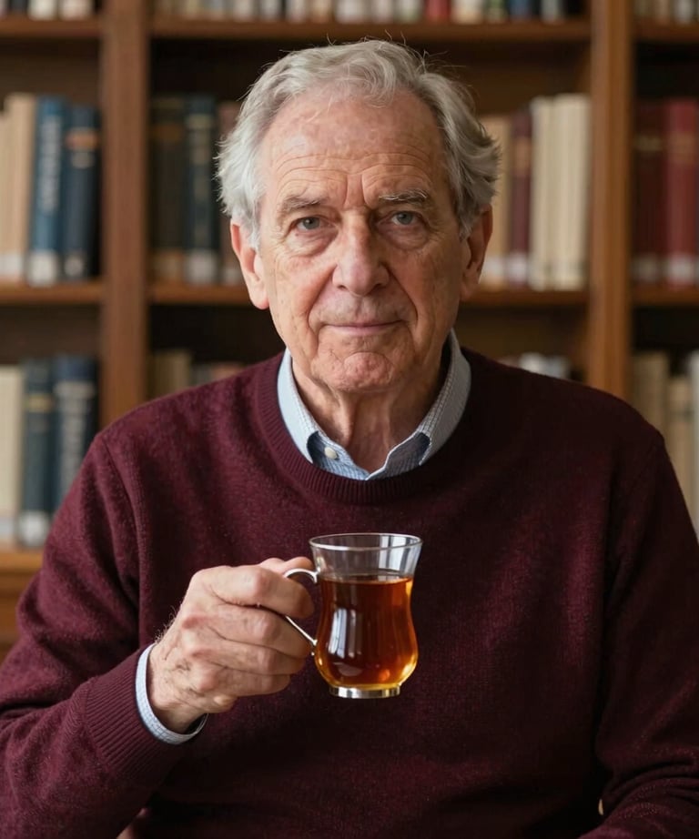 Portrait of a senior literary consultant in a North American / US setting, wearing a dark garnet sweater, holding a silver-rimmed glass of tea in a library.