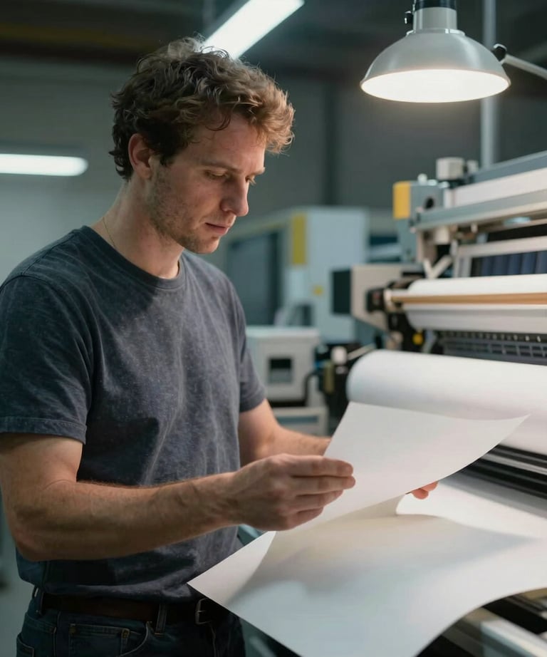 Portrait of a technical production specialist in a North American / US printing facility, checking bone white paper quality under cool studio lights.