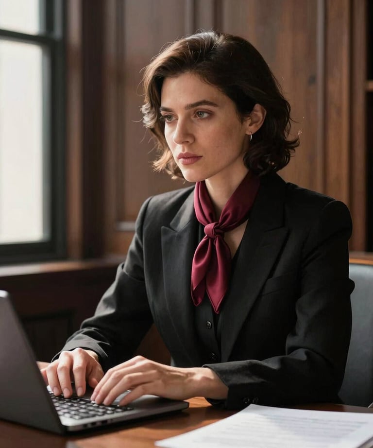 A professional photograph of a literary agent in a North American / US setting, wearing a black blazer and garnet red silk scarf, working in a sunlit dark-wood office.