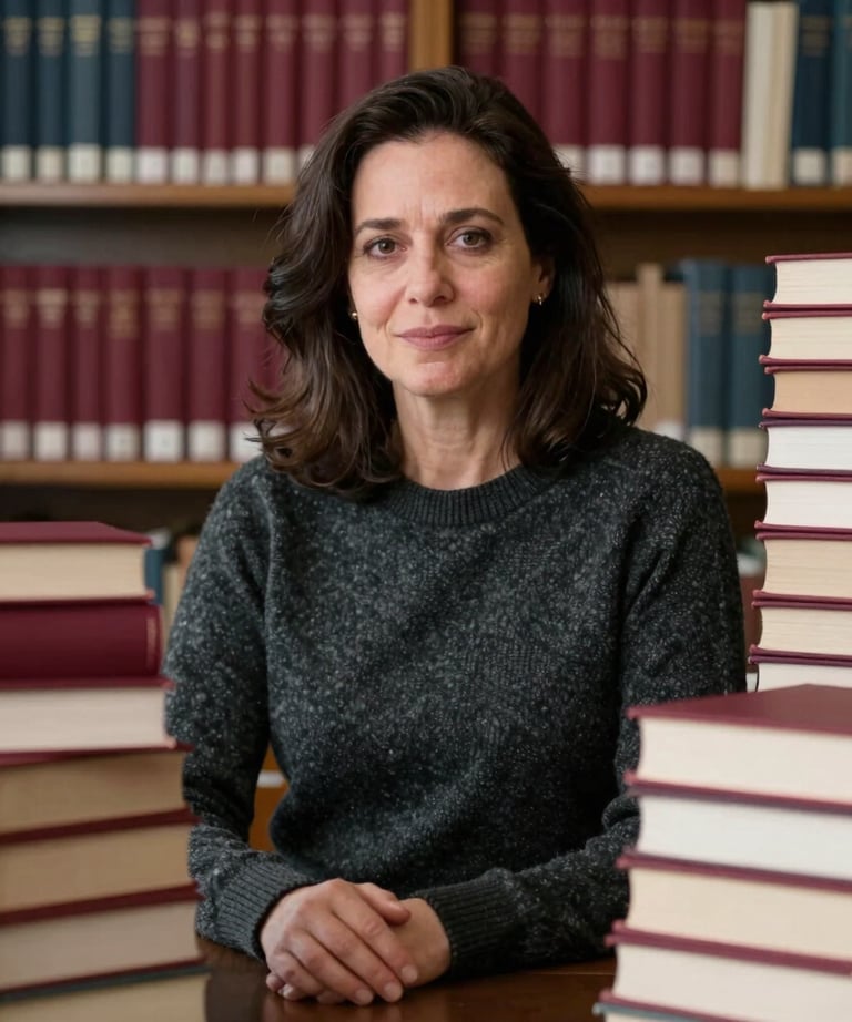 Portrait of a literary publicist in a North American / US library, wearing dark charcoal knitwear, surrounded by stacks of books with garnet red spines.