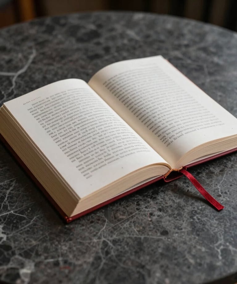 An artistic shot of an open book with garnet red bookmarks, positioned on a dark gray marble surface with soft, moody North American / US interior lighting.