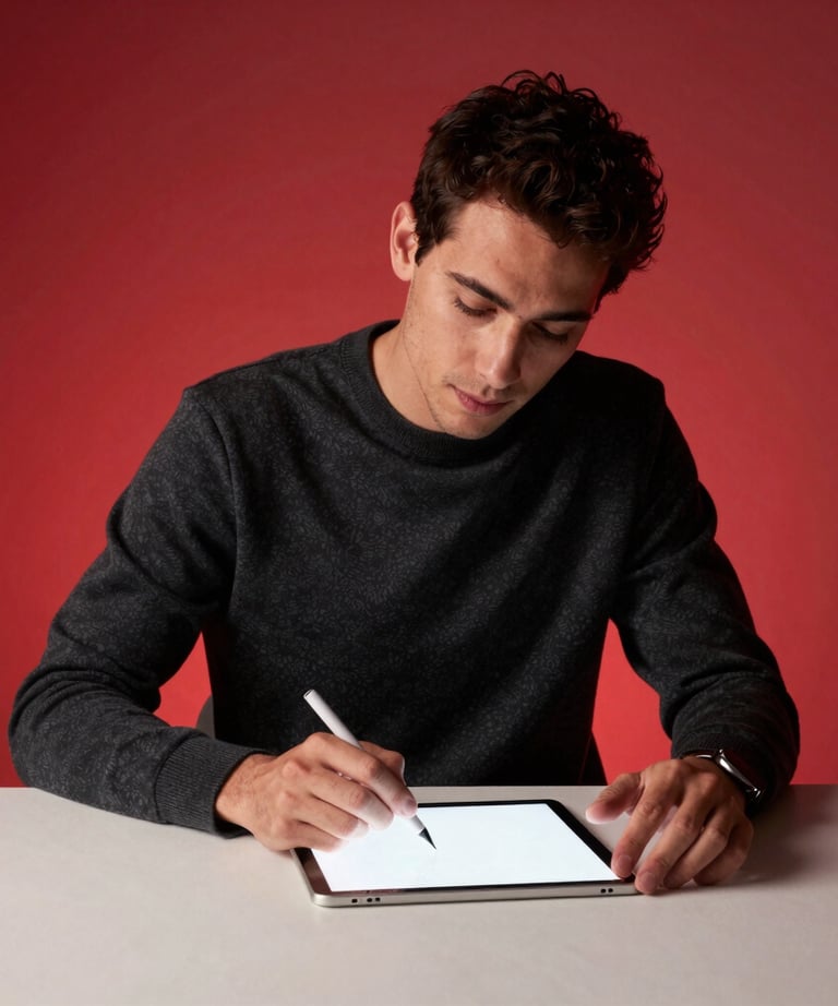 Portrait of a lead creative designer for book covers in a North American / US studio, dressed in black and slate gray, working on a bone white tablet under garnet red ambient light.