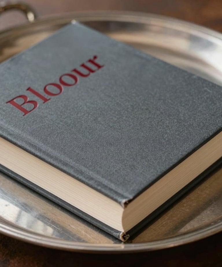 A close-up photograph of a charcoal gray hardback book with blood red embossed title, resting on a silver tray in a North American / US parlor.
