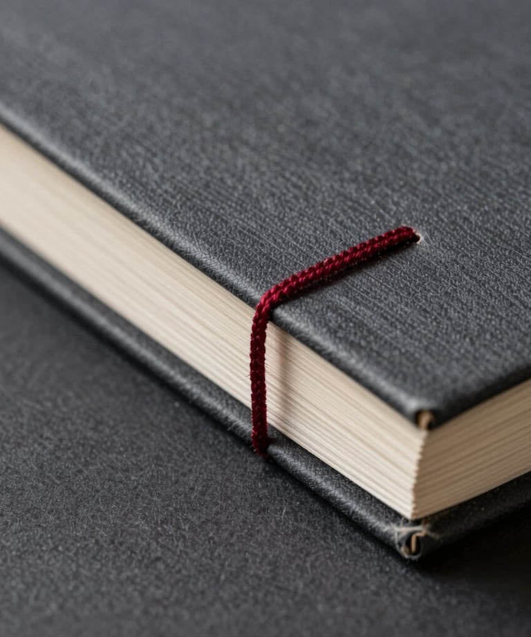 A macro photograph of high-quality book binding with garnet red thread against charcoal gray cloth, symbolizing artisanal publishing quality in North American / US style.