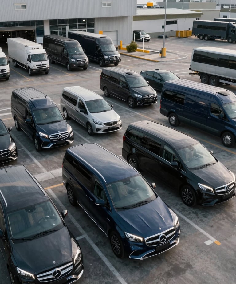 A modern luxury workshop with high-end vehicles and technicians working meticulously under warm lighting.