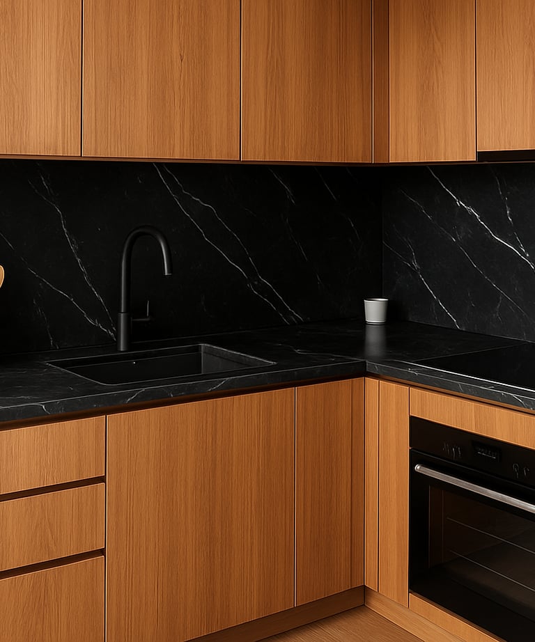 Cozy kitchen interior featuring custom wooden cabinets and warm lighting.