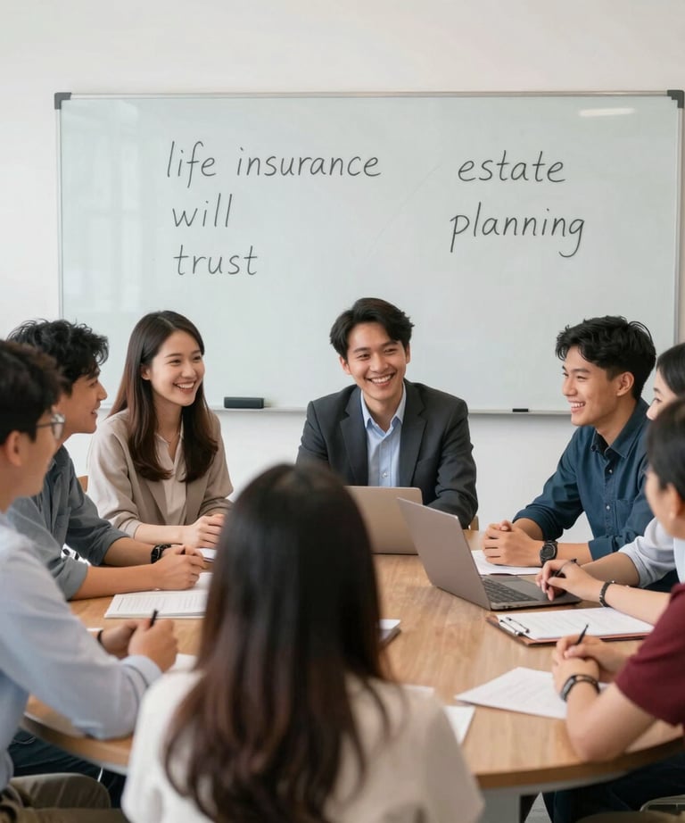 A group of diverse trainees attentively participating in an in-house life insurance training session.