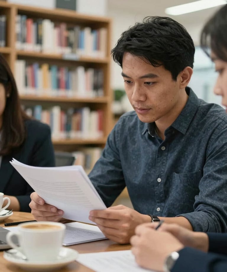 A close-up of a collaborative meeting in a Southeast Asian publishing house. Two editors are reviewing a manuscript together over coffee.