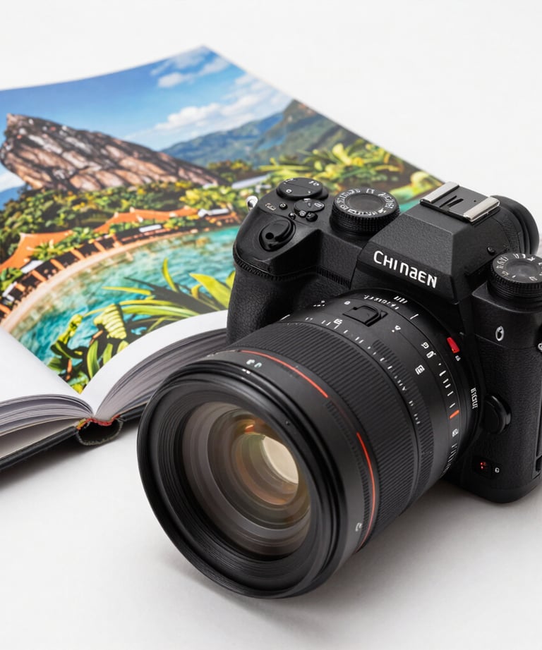 Photography of a high-end camera lens sitting next to an open photography book with Southeast Asian scenery. Elegant, artsy composition.