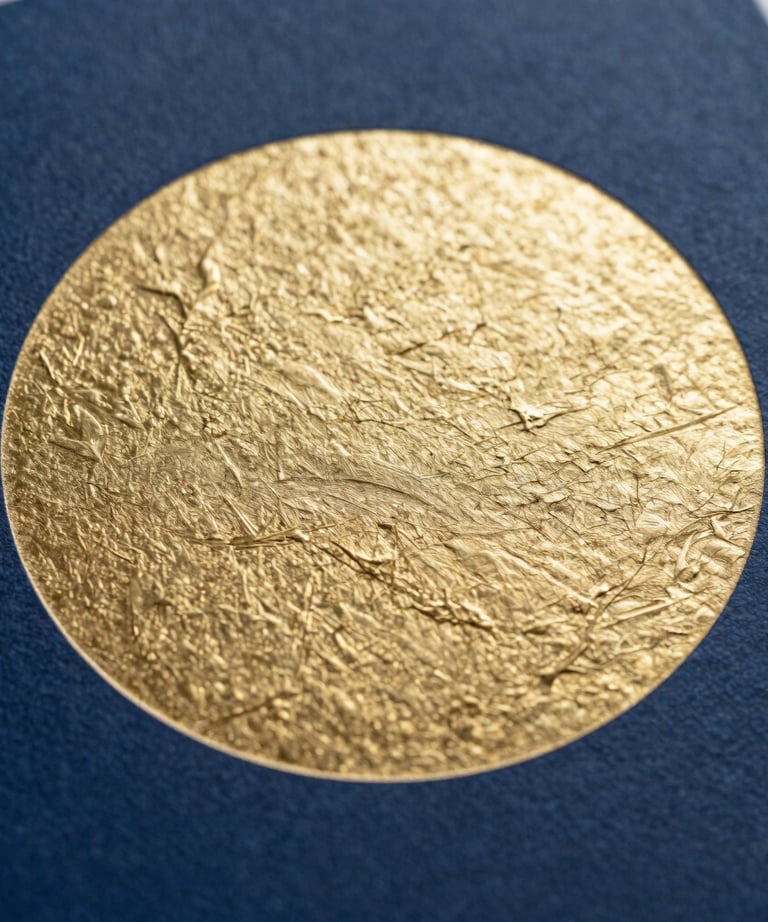 A close-up of a book cover featuring an abstract gold-embossed circle on a deep blue textured surface. Photography, minimalist style.
