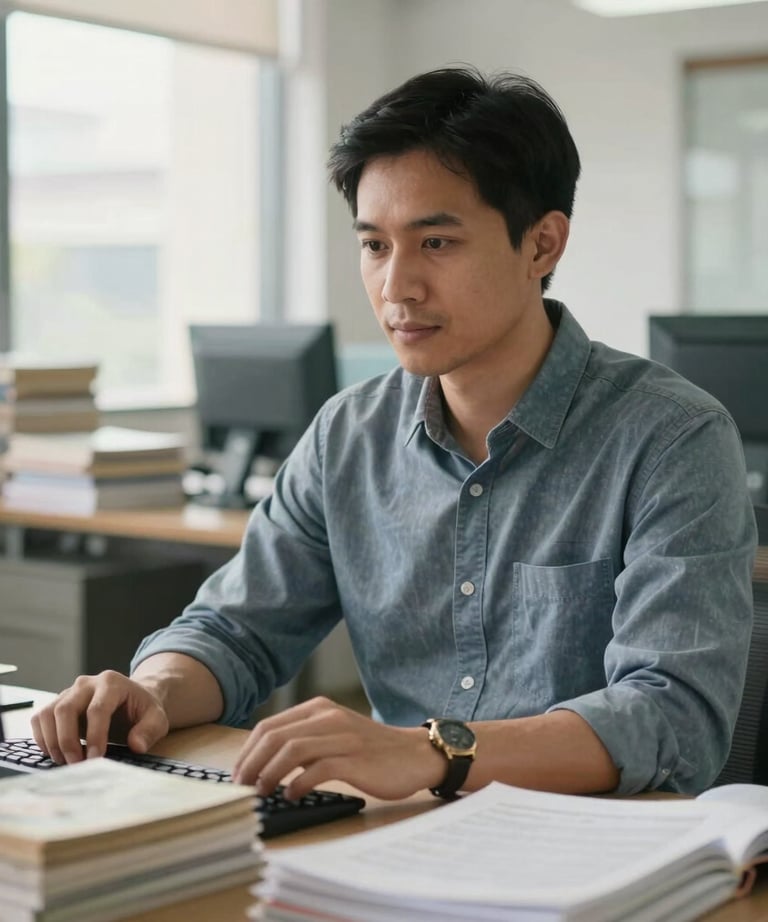 Portrait of a Southeast Asian male editor in a gray blue shirt, working in a bright, modern office filled with stacks of books and manuscripts. Soft morning light.