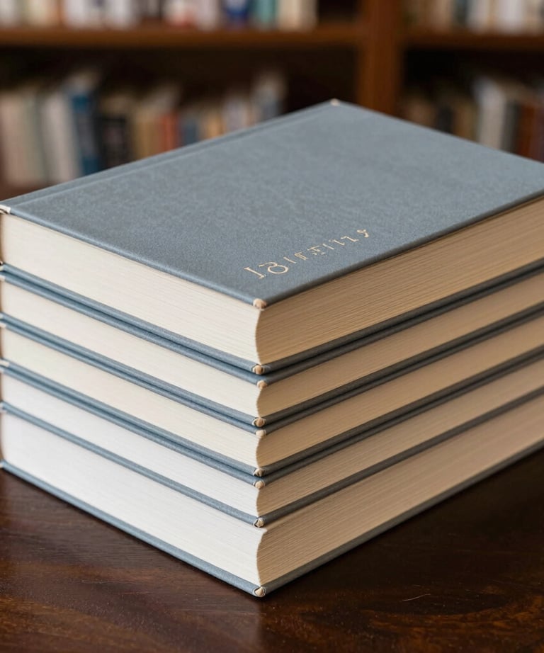 A stack of high-quality printed journals with gray blue and beige covers. The spines show clean, elegant typography. Shot from a side angle on a dark wooden surface in a Southeast Asian library.