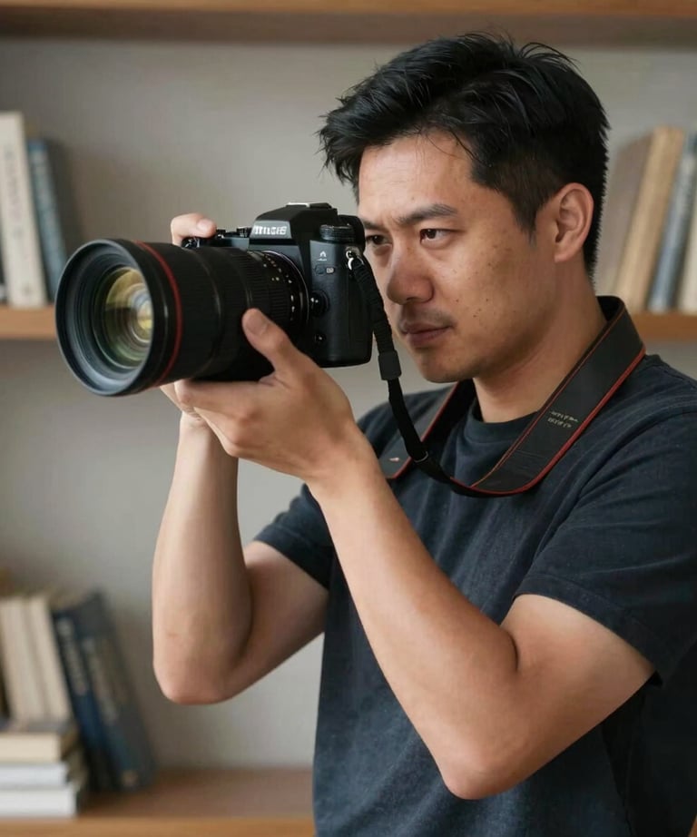 A professional Southeast Asian male photographer holding a high-end camera, standing in a studio with books. Soft lighting, sophisticated atmosphere.