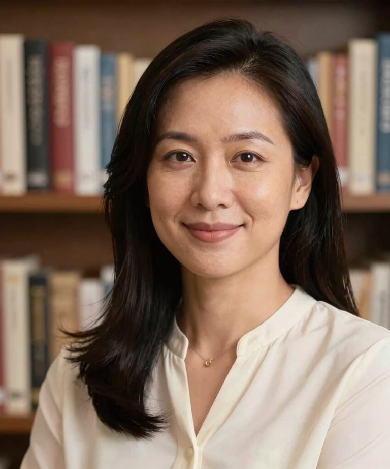 Professional headshot of a Southeast Asian woman in an ivory blouse, a lead researcher and author. She is smiling gently against a backdrop of books.