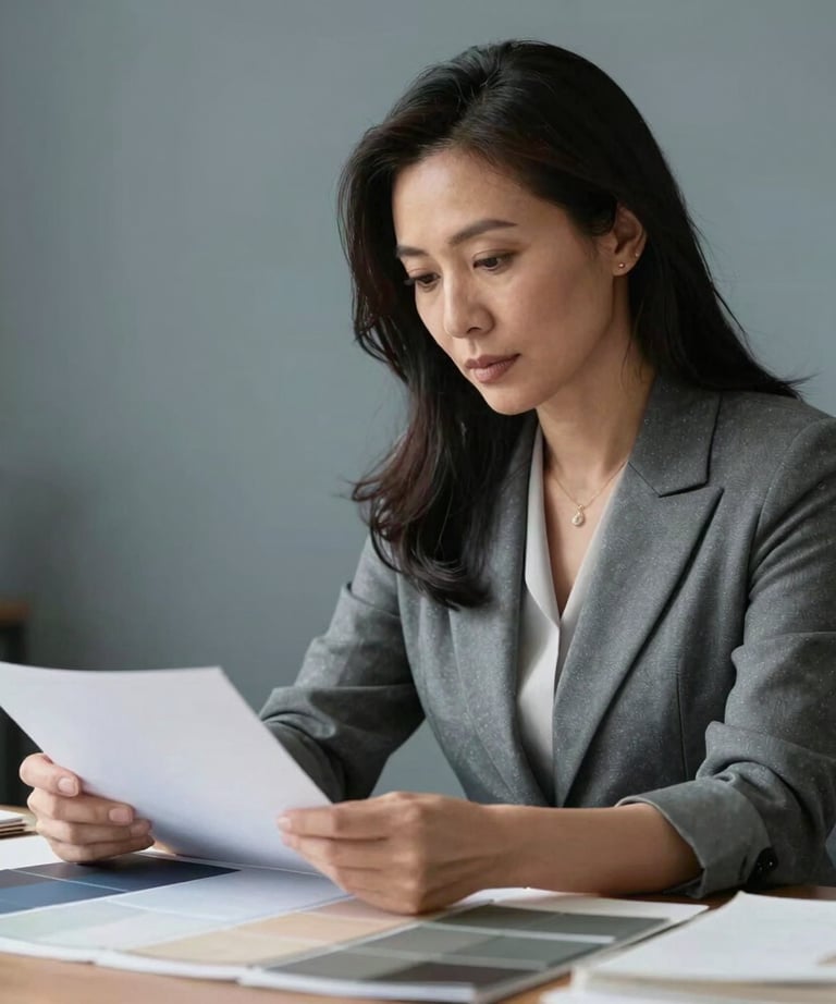 Portrait of a Southeast Asian woman in her late 30s, a senior book designer, looking at paper samples. Muted gray blue background, elegant professional attire.