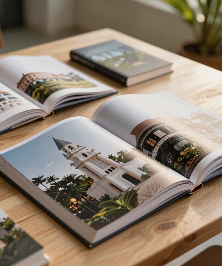 A collection of architectural journals spread across a light wooden table. The lighting is soft and warm, typical of a late afternoon in a tropical setting.