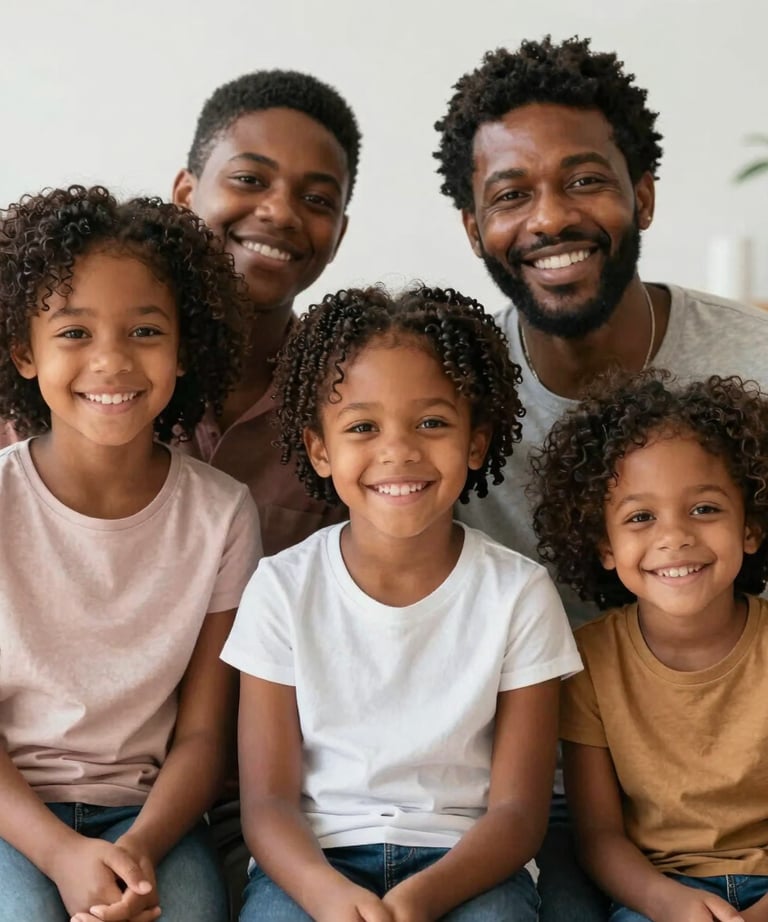 A happy family standing outside their home, relieved and hopeful.