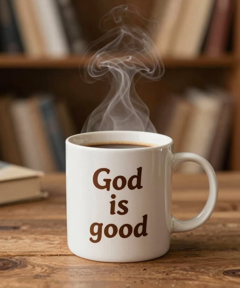 Close-up of a stylish mug with a subtle Christian symbol, placed on a sand-colored cloth.