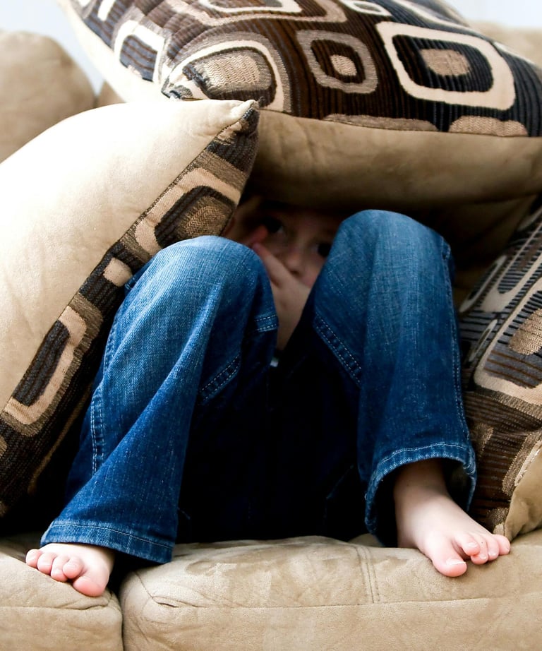 a person sitting on a couch with pillows and pillows