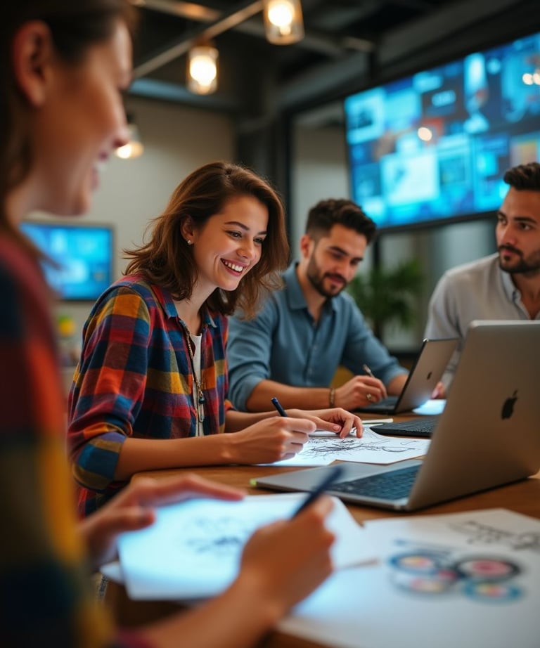Mulher sorridente escrevendo em uma folha durante reunião de equipe em ambiente corporativo moderno