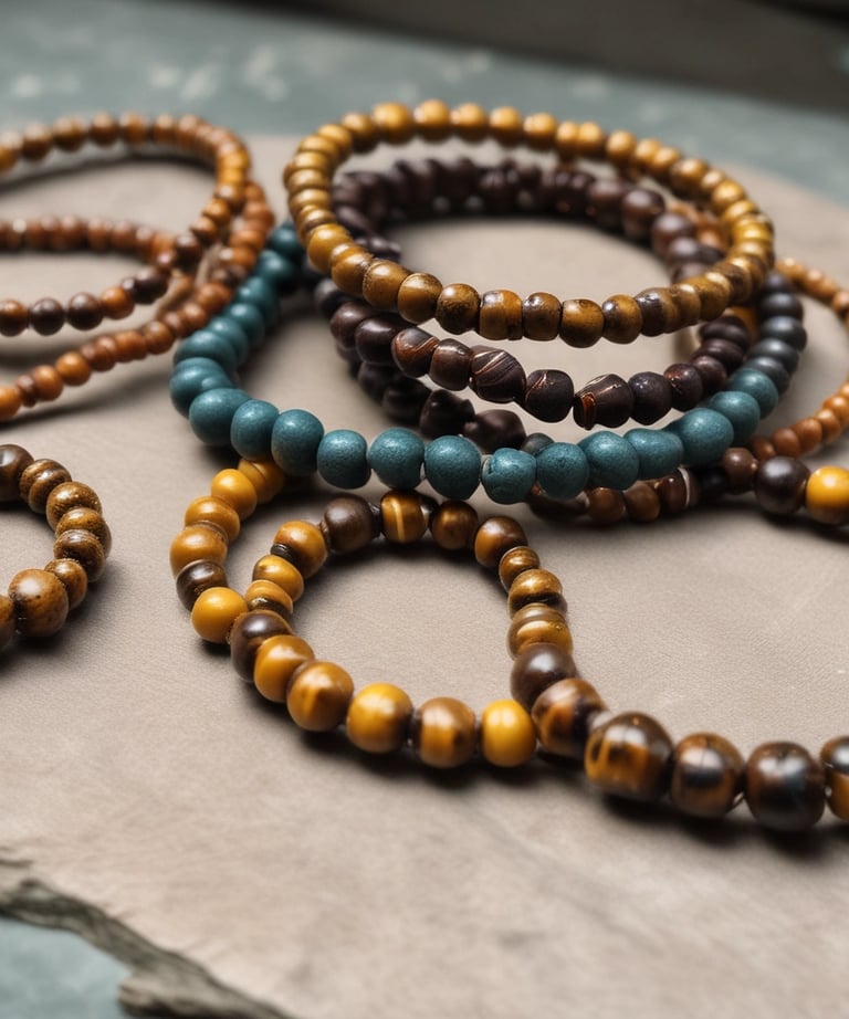 A large faceted gemstone ring is displayed inside an opened seashell. The background is adorned with various pearls and beads, scattered on a sandy surface, creating a luxurious and elegant setting.