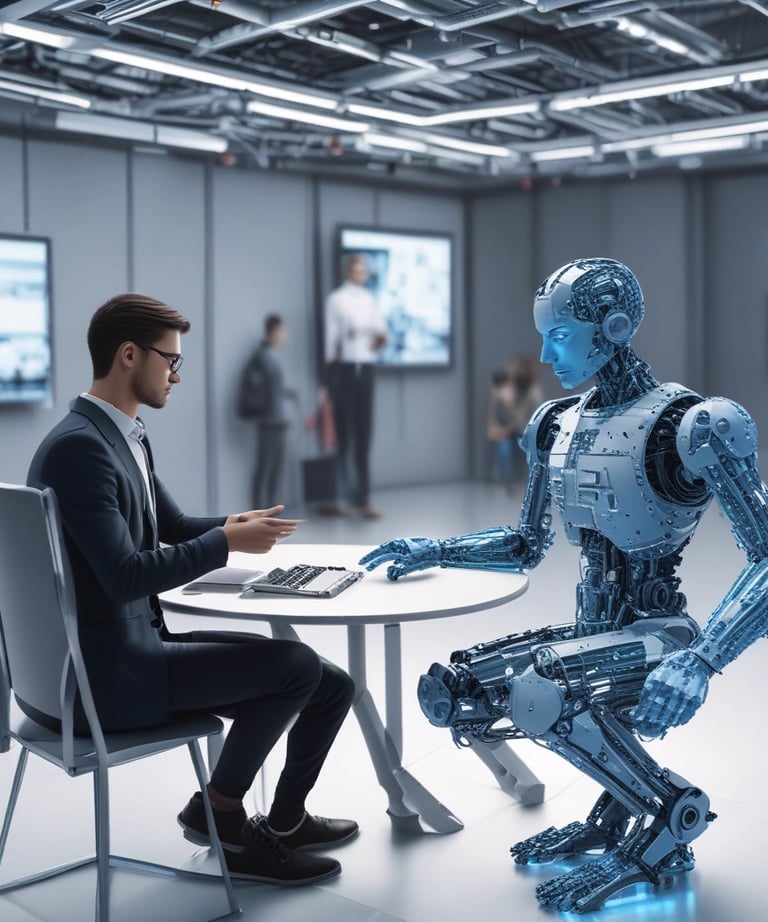 A small, round robot with a smooth white surface and blue accents operates a blue laptop on a sleek, floating platform. The robot has glowing eyes and an antenna on its head, with an 'AI' emblem on its front.