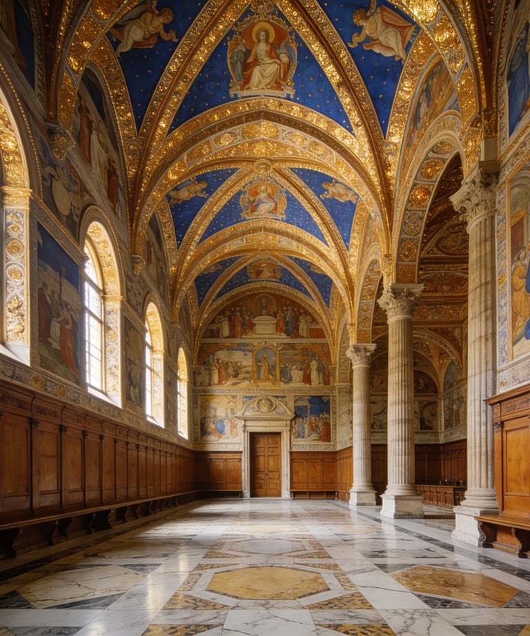 Ornate Italian cathedral interior with gold-leaf vaulted ceilings, religious frescoes, and marble floors.