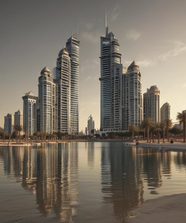 A happy family exploring Dubai's desert on a guided tour with camels and sand dunes.