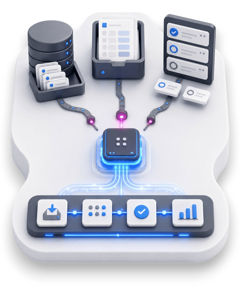3D illustration of business automation solutions connecting data, documents and tasks into one streamlined workflow.