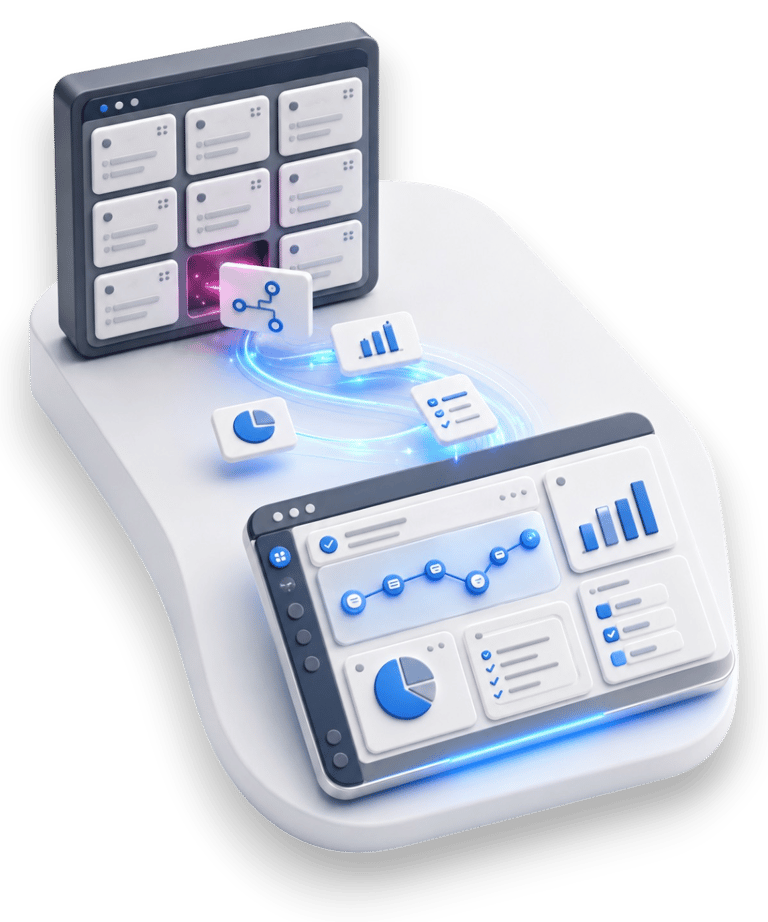 3D illustration showing rigid standard software adapting into custom business software built around real workflows.