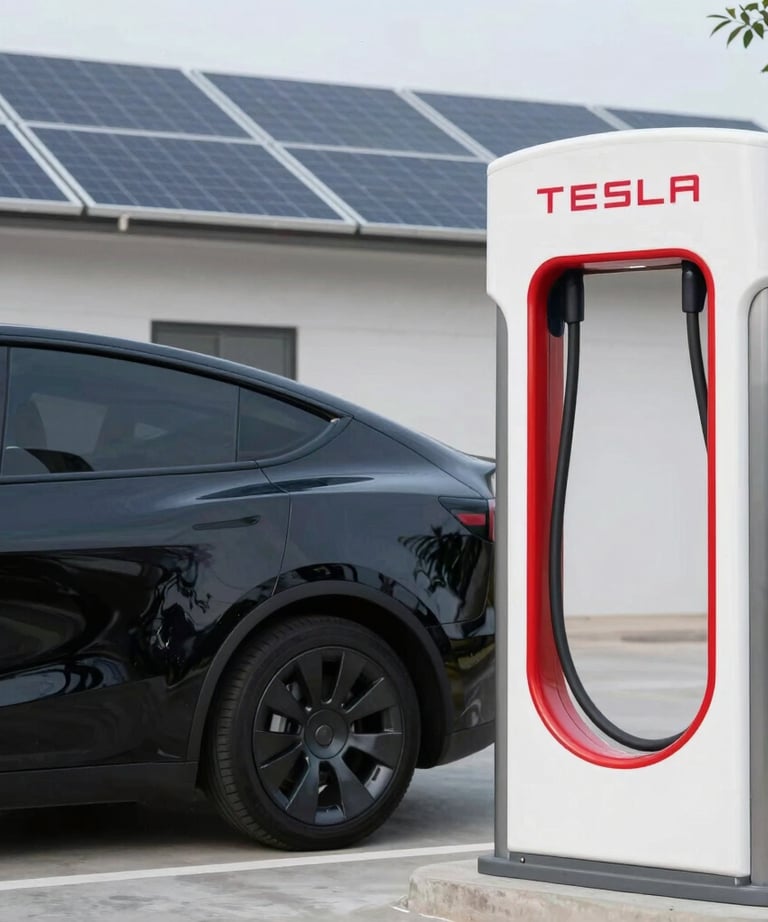 An electric vehicle parked outside a modern office building surrounded by greenery.
