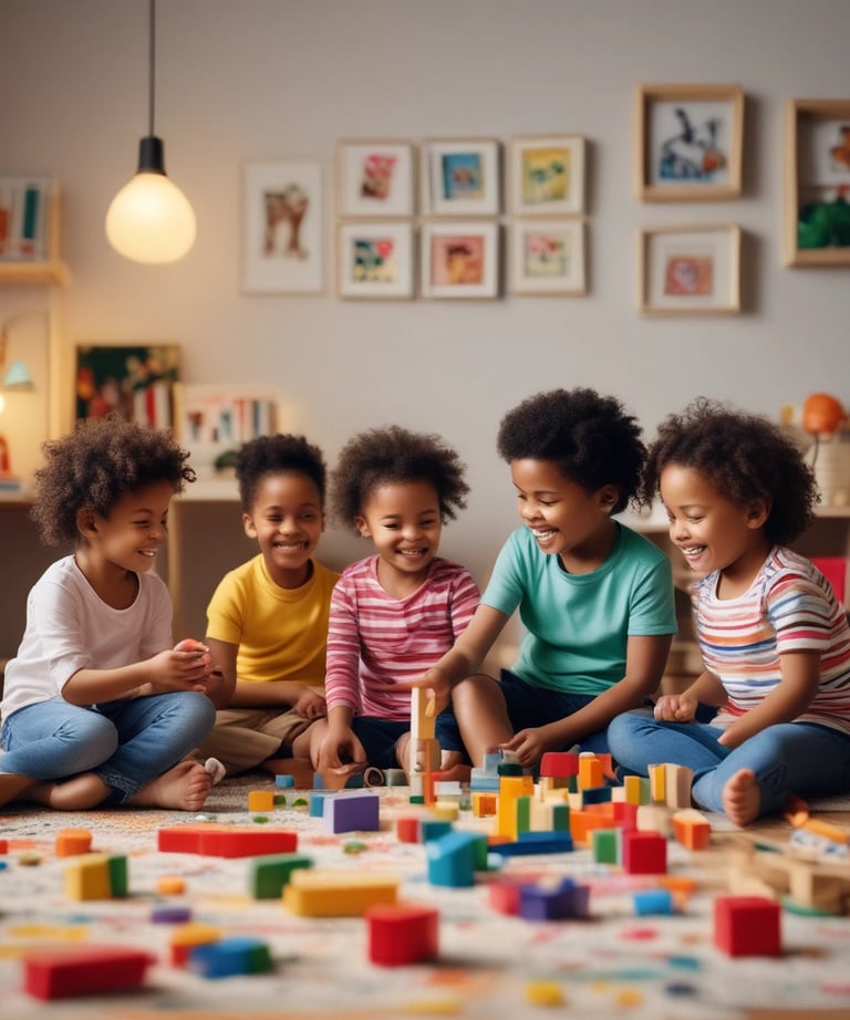 A children's encyclopedia about creativity is prominently displayed. The book features illustrations of space-related technology such as a satellite, space capsule, spacesuit, rocket, and a spectrograph on its cover. In the background, children are sitting on yellow cushioned seats, reading and engaging with each other. The wall behind them is decorated with a colorful mural of a cartoon-like scene.