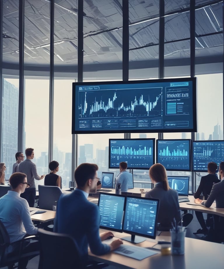 An instructor demonstrating stock market strategies on a digital screen in a modern classroom setting.