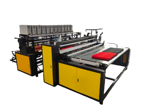 Ultrasonic slitting and cutting machine with yellow panels, conveyor belt, and control units, processing red and black towels