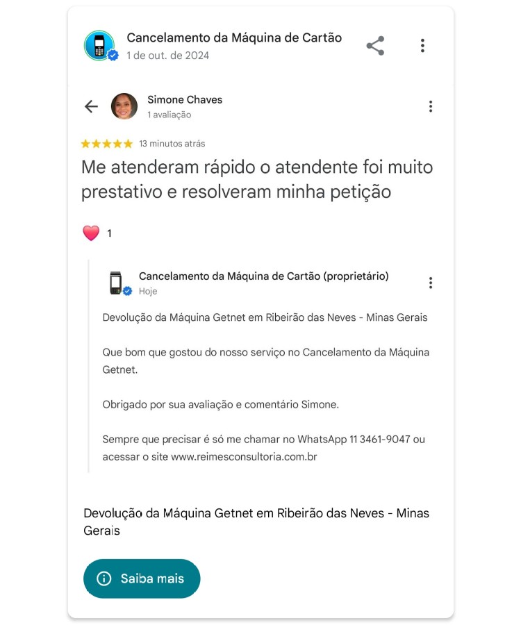 Devolucao da Maquina Getnet em Ribeirao das Neves Minas Gerais