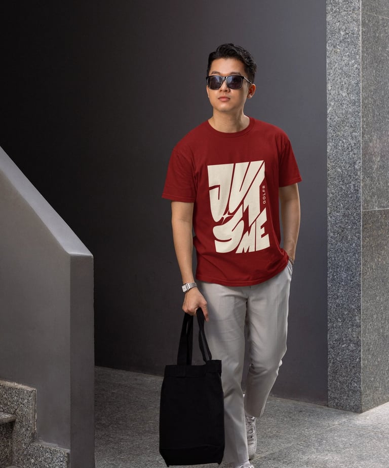 a man in a red shirt and sunglasses walking down stairs