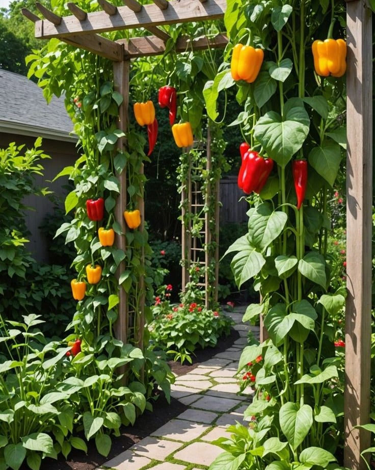 um jardim com uma treliça de pimentas e pimentões