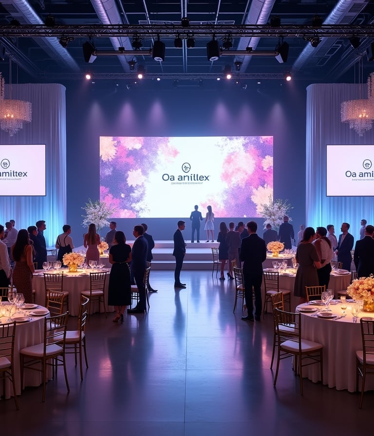 Luxury corporate event setup in Miami featuring branded LED stage, elegant tables with gold Chiavari chairs, minimalist flora