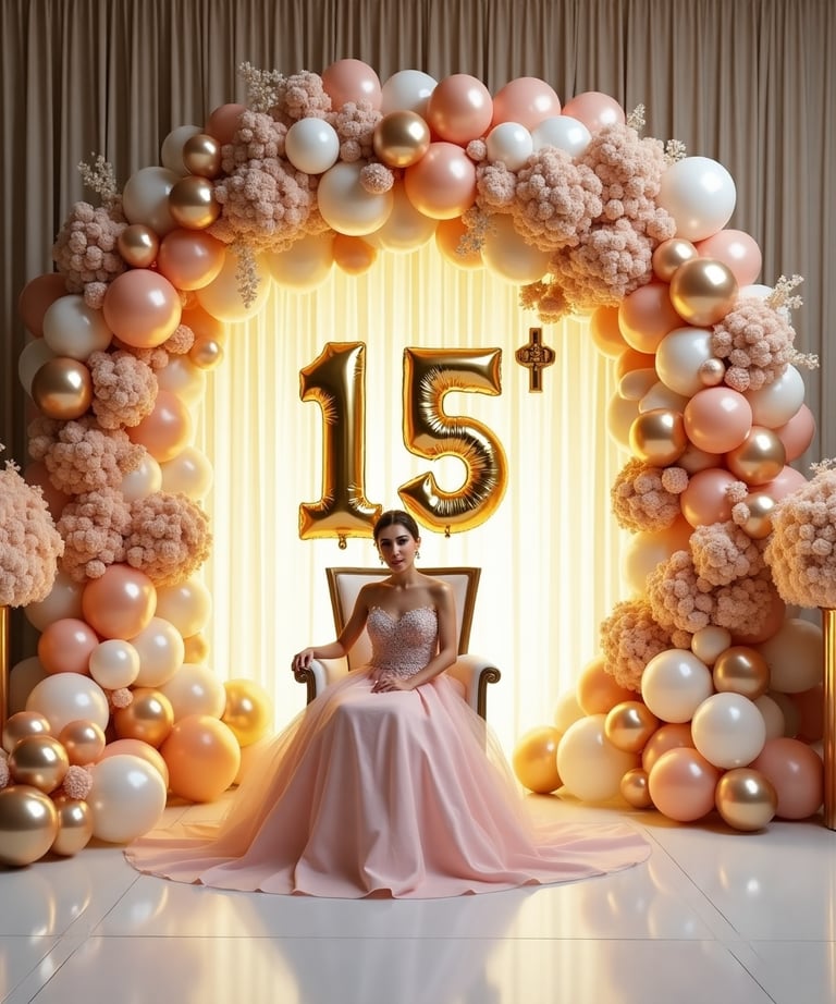 Luxury Quinceañera setup in Miami featuring floral arches, gold '15' numbers, metallic balloon garlands, and elegant throne c