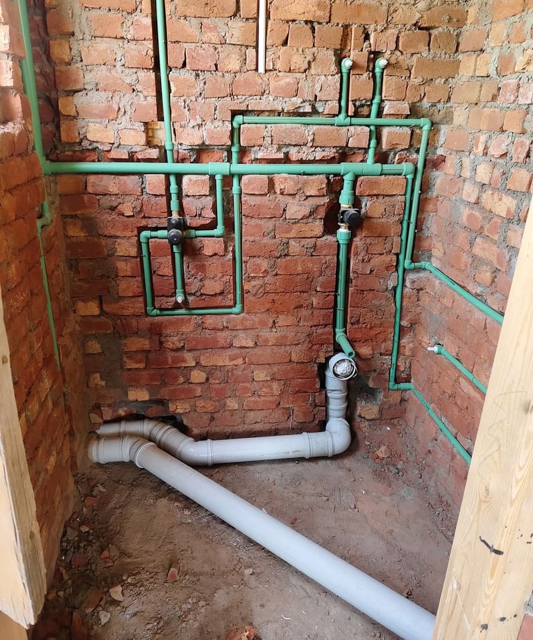 Réseau de plomberie en multicouche et évacuation PVC encastré dans mur en briques