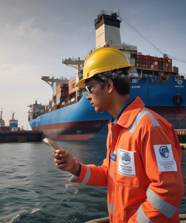 Close-up of ship crew coordinating maintenance tasks on a large cargo ship.