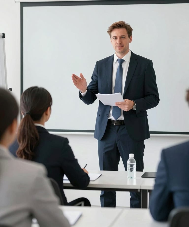 A training session in progress with engaged employees learning about workplace best practices.