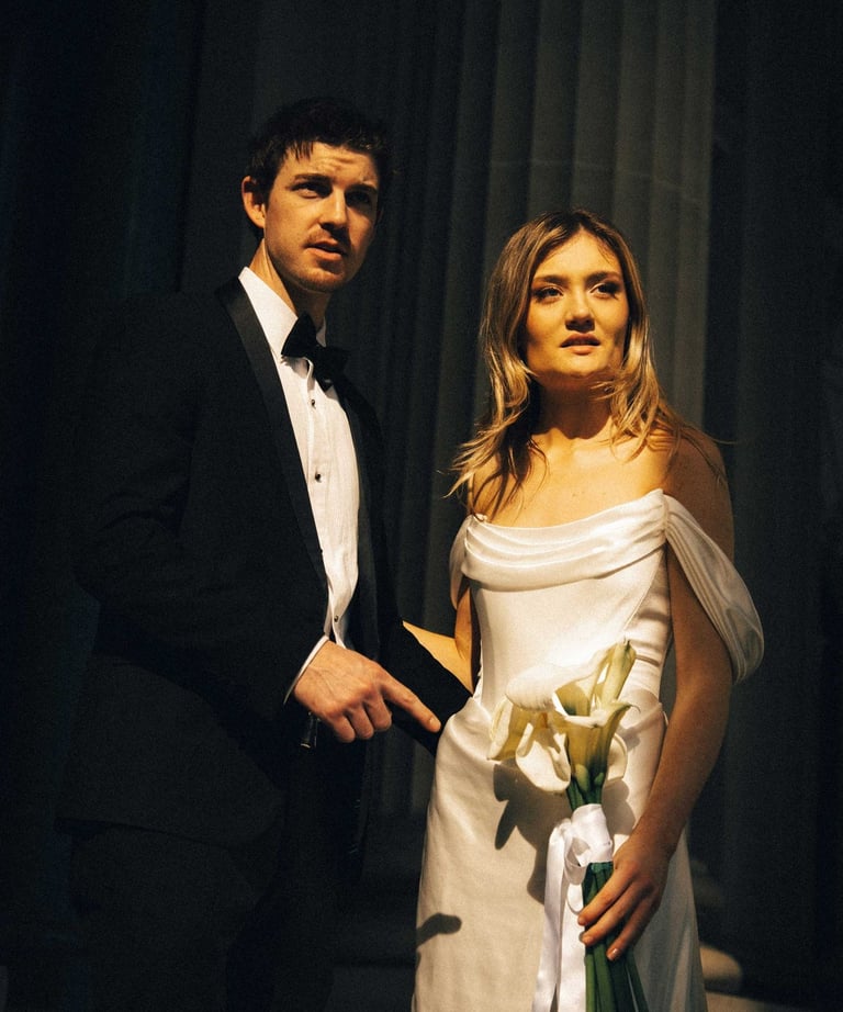 Wedding portrait at Parliament House steps Melbourne – bride and groom dramatic evening lighting
