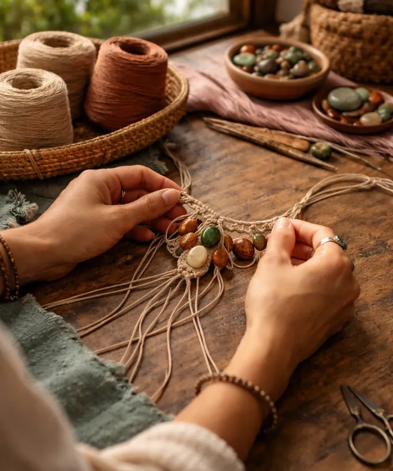 Manos artesanas elaborando un collar de macramé hecho a mano con cuentas terrosas cordel de cáñamo