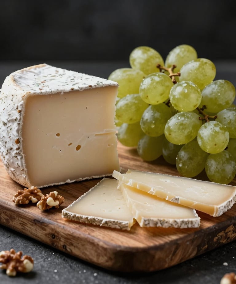A rustic cheese board with grapes and nuts, styled with a high-contrast cinematic look. Western European artisanal food culture photography.