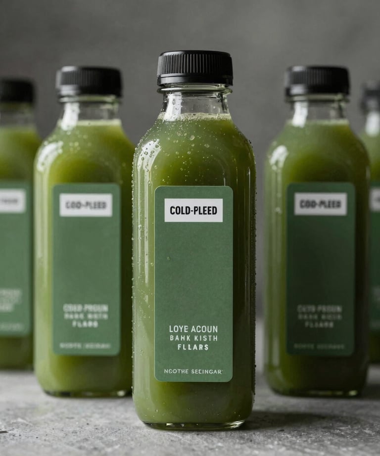 A minimalist bottle design for a cold-pressed juice company, featuring Matte Forest Green labels. Professional product photography in a North American setting.