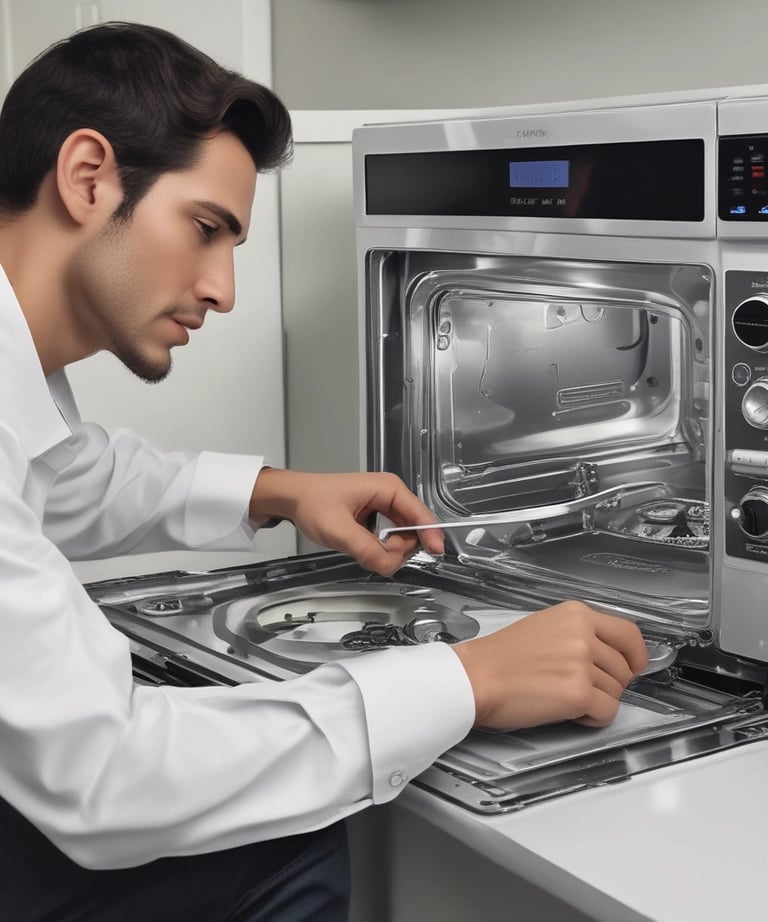 Smiling technician with tools standing beside a washing machine in a bright kitchen.